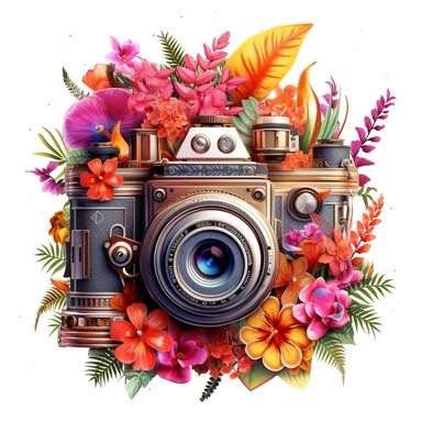 clipart of an antique photo camera, surrounded by an intricate arrangement of dramatic extravagant digital 3D giants multicolor hibiscus, rainbow palm leaves, tropical summer ambiant, playfully intricate, full of jungle flowers, bloomcore, cartoon pixar style, 8K, white background