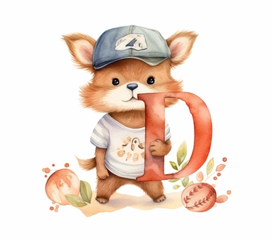 create watercolor clipart of letter D , cute animal in baseball costumes with baseball, incredibly high detail, 16k, gorgeous, white background