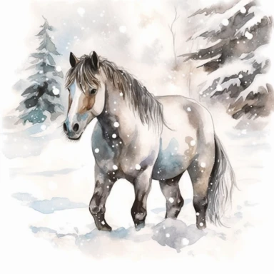 adorable watercolor winter illustration clipart, horse in the snow, winter, highly detailed, markers copic style, white background
