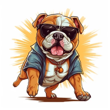 small cute bulldog walking like movie star weraring cute jacket and sun glases, litle smile stylized for clipart