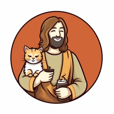 Jesus holding a cute cat and drinking coffee , clip art