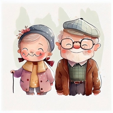 cute adorable happy grandparents, clear white background, handrawn watercolor graphic clipart, cute Children's Drawing, isolated