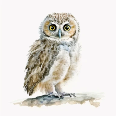 Watercolor Clipart Baby Owl Observing its Surroundings (no text, no caption, white background)