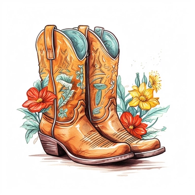 Hand drawn clip art on white background of Cowboy boots and summer vibes