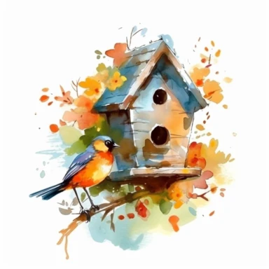 vector clipart, isolated on white background, beautiful lovely Watercolor Spring wooden bird house hanging on the orange bloming tree, ornated, vivid and saturated colors