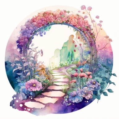 The image depicts a holographic spring flower garden with winding walking paths. watercolor clipart. soft and delicate appearance. The garden is illuminated by natural light, creating a calming and inviting atmosphere. The colors are magnificent and beautiful, with vibrant shades of pink, purple, and blue blending together seamlessly. The composition shows a wide view of the garden, with a variety of holographic flowers in bloom and rabbits hopping around. It's a stunning and ethereal scene that