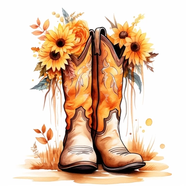 Cowboy Boots Hello Fall Pumpkin Fall Vibes , style by Lucy Fleming, watercolor, smooth gradients, black contour outline, ultra detailed, clipart elements, delicate pastel colors, solid white background, super clear, high quality