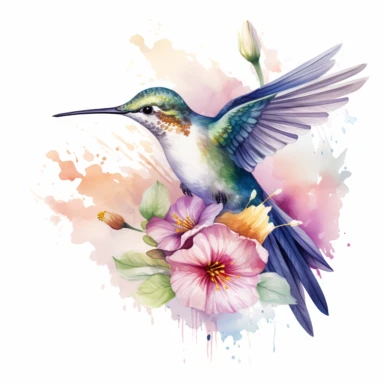 Stunning Watercolor Hummingbird with flower clipart, white background