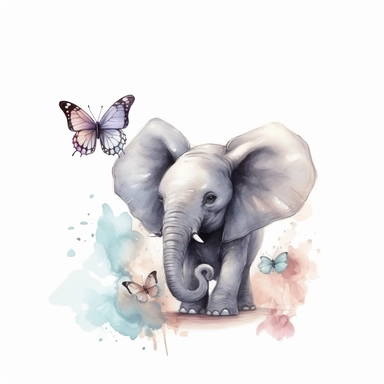A cute baby elephant interacts with a butterfly, watercolor sketch illustration clipart on white background, digital art, concept, art, 8k, HD, kawaii