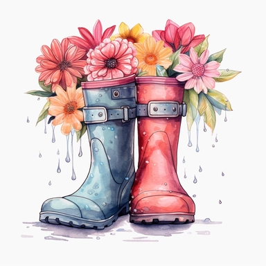 Spring Garden Rain Boots Design - Rain Boots with Flowers Clipart style by Lucy Fleming, watercolor, smooth gradients, black contour outline, ultra detailed, clipart elements, delicate pastel colors, solid white background, super clear, high quality