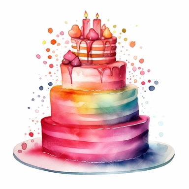 watercolour birthday cake for little girl, clipart on white background, no watermark, highly detailed, professional color gradation, clean sharpness