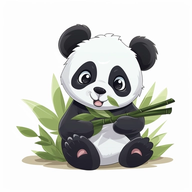 Generate a crisp clipart, pre-cropped image of a cute baby panda munching on bamboo leaves, pure white background