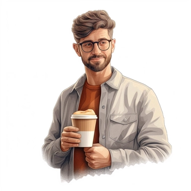 guy with latte, in the style of realistic and hyper-detailed renderings, sketchfab, ahmed morsi, realistic paintings, use of common materials, handcrafted designs clipart tan and silver with white background