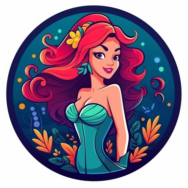 Create a vector clipart that emulates the Disney art style, showcasing a mermaid akin to Ariel from 'The Little Mermaid.' The mermaid should bear a stylish and dynamic design, complete with a vibrant, colorful mermaid tail. An emblem should be woven into the design, retaining harmony with the overall look while maintaining prominence, flowers, fish