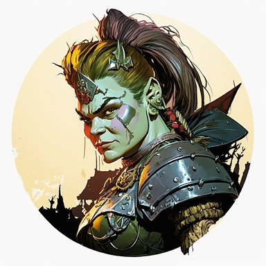 regency female orc orcish noble soldier, Josh Kirby Mad Max Lord of the Rings, handpainted enamel punk zine indie retrowave, clipart illustration character portrait, circle white background
