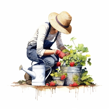 watercolor, hyper realistic, white background, white margins, 16k, ultra detailed clipart, cut out image, hand-drawn person in a wide-brimmed hat and gardening gloves tending to the strawberry plants, with a watering can and garden tools nearby.