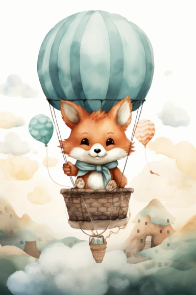 cute fox cartoon in a hot air balloon watercolor, in style of book illustrated, nursery drawing, clipart