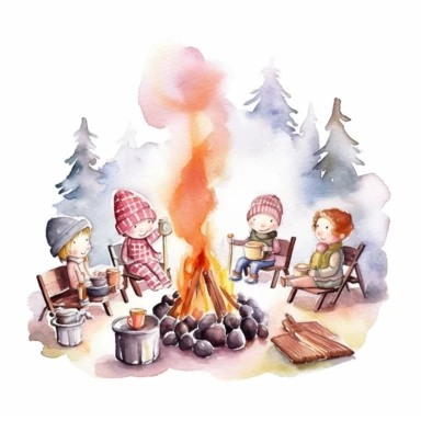 watercolor clipart campfire with people sitting around, and mashmallow, kettle