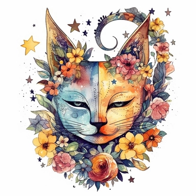 creepy magical cat with flowers with crescent moon and stars clipart, fantasy, detailed, white background, illustration painting, collaged constructions, digital art, watercolor, in the style of sculptural and geometric, forced perspective drawings, Geometric brushstrokes form an intriguingly abstract, painterly figure, Pablo Picasso, Wassily Kandinsky,