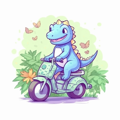 Create a clipart of a cute dinosaur riding a motorcycle. Pastel colors. Kawaii style. Jungle trees before a White Background, soft lighting.