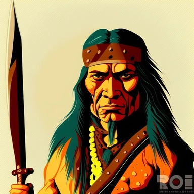 apache leader with an axe, clipart illustration, dark vivid colours, clean, crisp, smooth, with white background