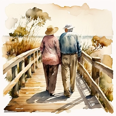 Old Couple Watercolor Clipart walking along a boardwalk with back towards us