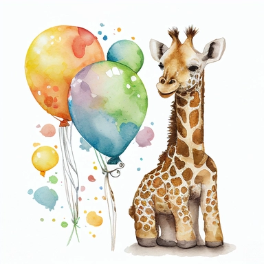 Safari Baby Animal Watercolor Clipart, Cute Baby Jungle Animal, Birthday Baby Giraffe colorful balloons, no image noise, no lettering, hyperdetail, maximum detail