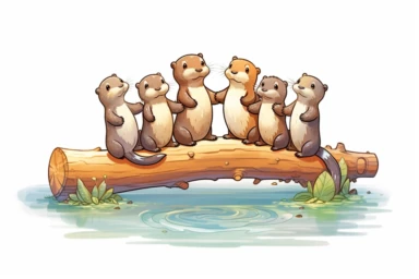 Design an adorable anime-style vector clipart of otters gathered on a fallen log, holding hands and forming a charming otter chain. Viewed from a united perspective, HD, spaced out, on white background
