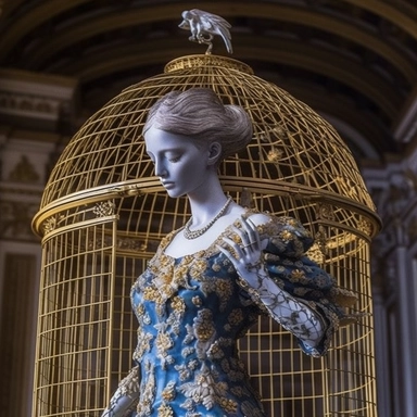 full length full figure marble portrait A woman once sat in a gilded cage, Her spirit blue, her heart filled with rage, For she longed to soar, to fly and be free, To unleash her creativity for all to see. But she was bound, her wings clipped tight, And though she fought with all her might, The bars of her cage held her in, And she felt like she would never win. So she retreated into her mind, Where her thoughts and dreams intertwined, And she created a world that was all her own, A place where 
