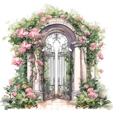 watercolor, hyper realistic, white background, white margins, 16k, ultra detailed clipart, cut out image, hand-drawn, whimsical manhwa style, ultra HD, sharp and clean art n ornate garden gate adorned with climbing roses, inviting viewers to enter the magical rose gardenSoft Pink and Emerald Green - Create a romantic and enchanting atmosphere with a color scheme consisting of soft pink shades for the roses and lush emerald green for the foliage