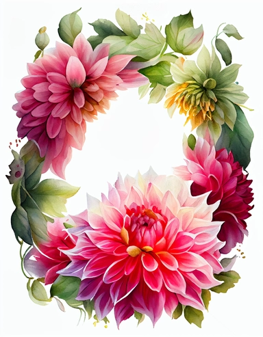 detailed vibrant watercolor pink dahlia flower brunswick wreath with very wide middle white space , isolated on white background, realistic, clipart