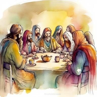 water color, The Last Supper: Create a scene of Jesus Christ and his disciples gathered around a table, sharing bread and wine, with a somber and holy atmosphere, clipart