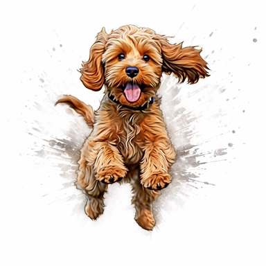 Cavoodle digital painting and drawing, clipart, full body, hyper - realistic animal illustration, childlike, free brushwork, white background, running
