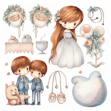 Wedding rings tied with a ribbon, cute kawaii wedding illustrations clipart set, ILLUSTRATIONS FOR THE BOOK, cartoon elements, different variants, girl with long hair in a wedding veil, wedding, husband and wife Love, Hearts balloons, veil, garland, wooden elements, sit on a bench, on the car, white transparent background separate elements with a margin Watercolor
