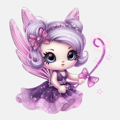 Traditional Hello Kitty. large fairy wings, large purple and pink shimmering wings, holding fairy wand, Fantasy Clipart, PNG Clipart, Illustration clipart, 4K, extremely detailed