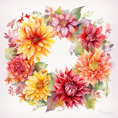 Watercolor Painting of beautiful multi - headed Dahlia Wreath FLOWERS on white background DETAILED ILUSTRATION, Flora Design Patterns, Flemish Baroque by Rachel Ruysch, Behance, Rococo, Intricate Detailed, Soft Light Effect, Oil Paint Strokes, Light Academia Aesthetic Flowers, Lighting cinematic, all shown shimmering stamens, tyndall light, texture, colorful, 8k, fantasy, ray tracing, vivid, spectacular lighting, octane rendering, highly detailed, ultra - realistic, white background, clipart