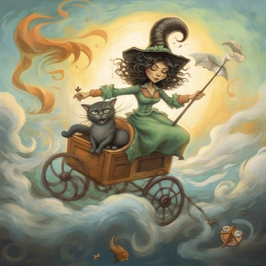 Whimsical magical wacky WITCH AND HER CAT, in the clouds, muted colors, swirls, twists, twirls, metallic, glitter, stylized, funny, centered, airbrushed, digital oil, detailed illustration, clip art, cartoon, 8k,-- ar 9:8