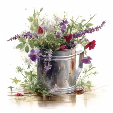 a simple gorgeous rustic water can with wildflowers and flowers, and green foliage on white background clipart, deep purple, emerald green, and ruby red color theme, watercolor painting realistic, high quality, vibrant, Vicente Romero Redondo, Willem van Aelst, Elsa Beskow