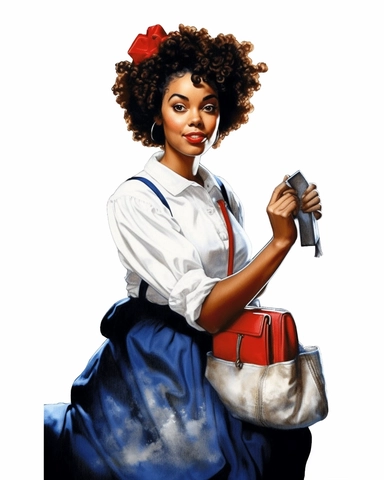 Norman Rockwell themed digital illustration, Beautiful executive, business woman png file, sublimation, conservative fashion Nova Model Black Woman Clipart, Large Handbag, African American Female,