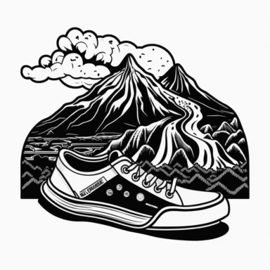 Coloring Page of Sneaker Volcano Expedition: Depict sneakers exploring a volcanic landscape, with lava flows and steam rising from fiery mountains, Doodle Art, LSD, Simple Design, Clipart black and white, Flat Vector