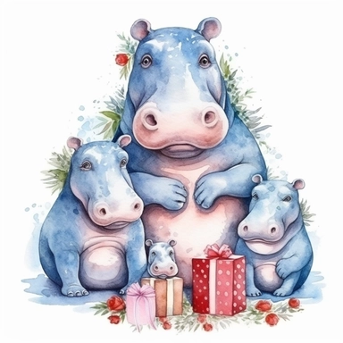 charming family of 4 hippopothamus, Christmas morning, festive decor and mood, ornamental watercolor, clipart