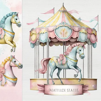 pastel pink, blue, yellow carousel horse, banners watercolor clipart