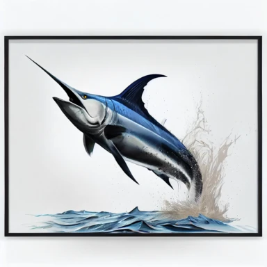 marlin jumping taxidermy photo realistic illustration with white border painted clipart poster 50's