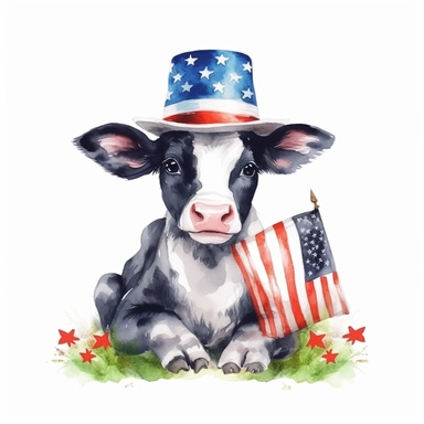 american flag day, watercolour clipart, beautiful black, white calf cow wearing americam hat sitting in grass, sublimations
