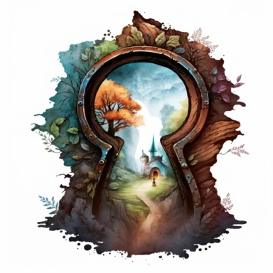 looking through a keyhole to a fantasy scene. artwork medium is watercolor clipart.