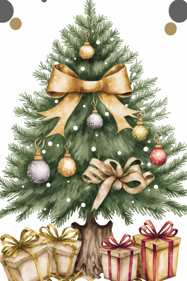 whole christmas tree with presents clipart, decorated pine tree with christmas golden presents, golden christmas decoration, christmas decor, simple shapes, no lines, no outlines, clipart, featured on dribble, cartoon tree clipart, minimalist, computer vector graphic design clip art, watercolor illustration clipart, watercolour clipart, watercolor illlustration for kids and children, book illustration, print on demand image, PNG tranparent background