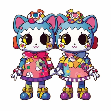 two Takashi Murakami style cats holding hands wearing cute dresses with big cartoon shoes, with bows in the hair , clip art, Japanese