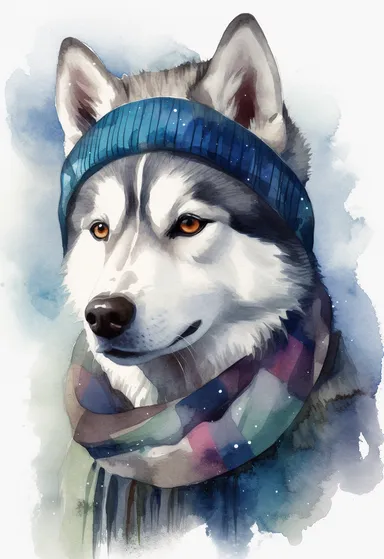 watercolour of a Siberian Husky wearing a high-neck sweater with a geometric pattern in shades of grey and blue, Complete the look with a wool beanie and a matching scarf, clipart, colourful, pastel color, watercolour, single sheet