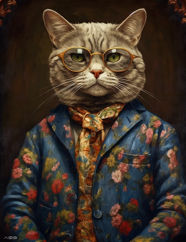 full body Cat Fashionista: Craft a cat clip art dressed in stylish clothing, with accessories like sunglasses, a handbag, or a bowtie. The cat can have a confident pose, showcasing its fashion sense. This fashionable feline represents style, elegance, and self-expression. oil painting by van Gogh 8k ultra detail high sharpness ultra detail