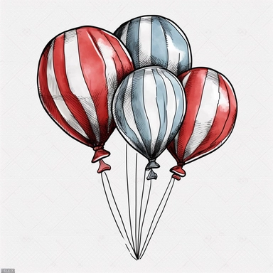 hand drawn balloon clip art, america, red white and blue, festive, white background no text